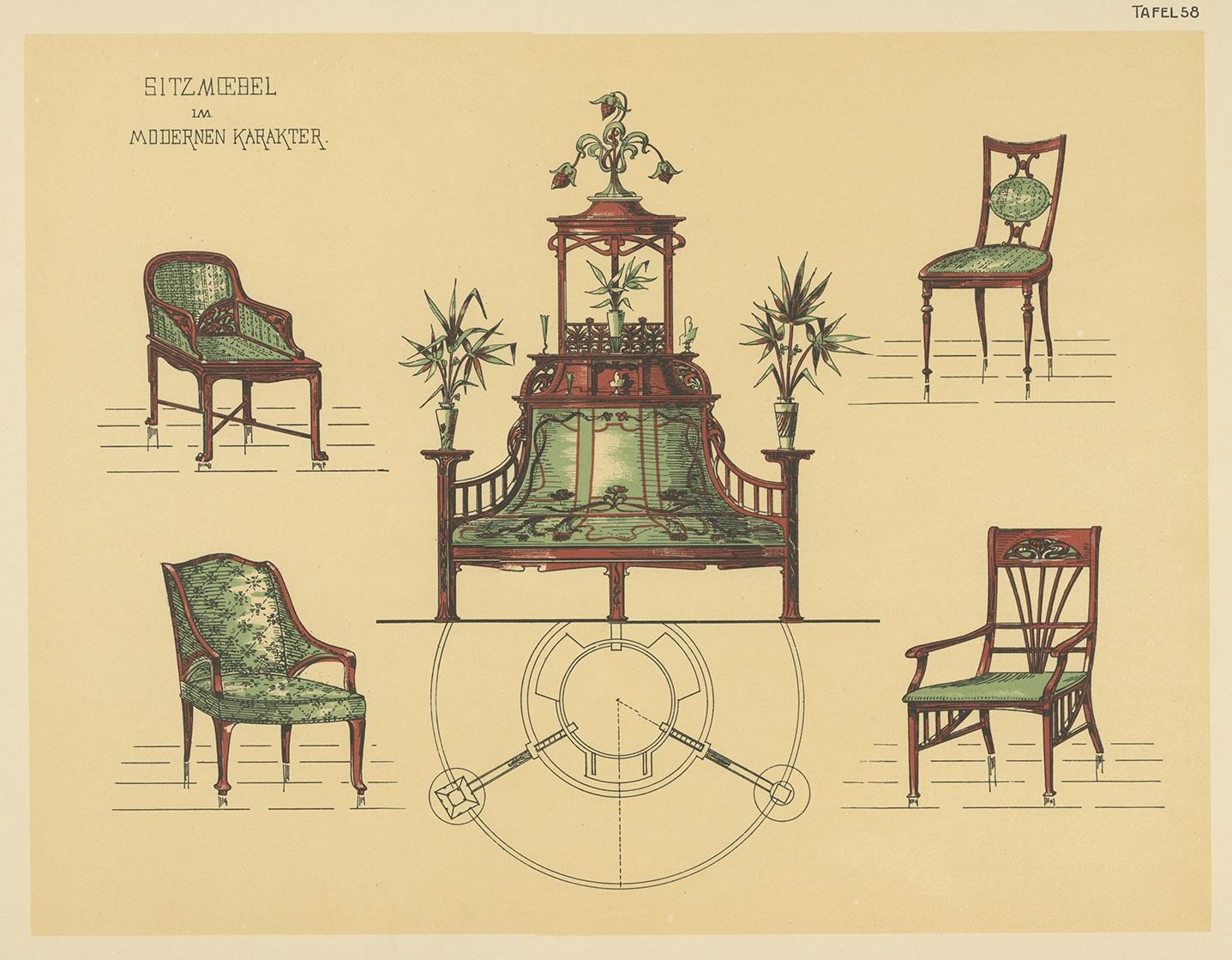 Antique print titled 'Sitz Moebel im Modernen Karakter'. Lithograph of seating furniture. This print originates from 'Det Moderna Hemmet' by Johannes Kramer. Published by Ferdinand Hey'l, circa 1910.