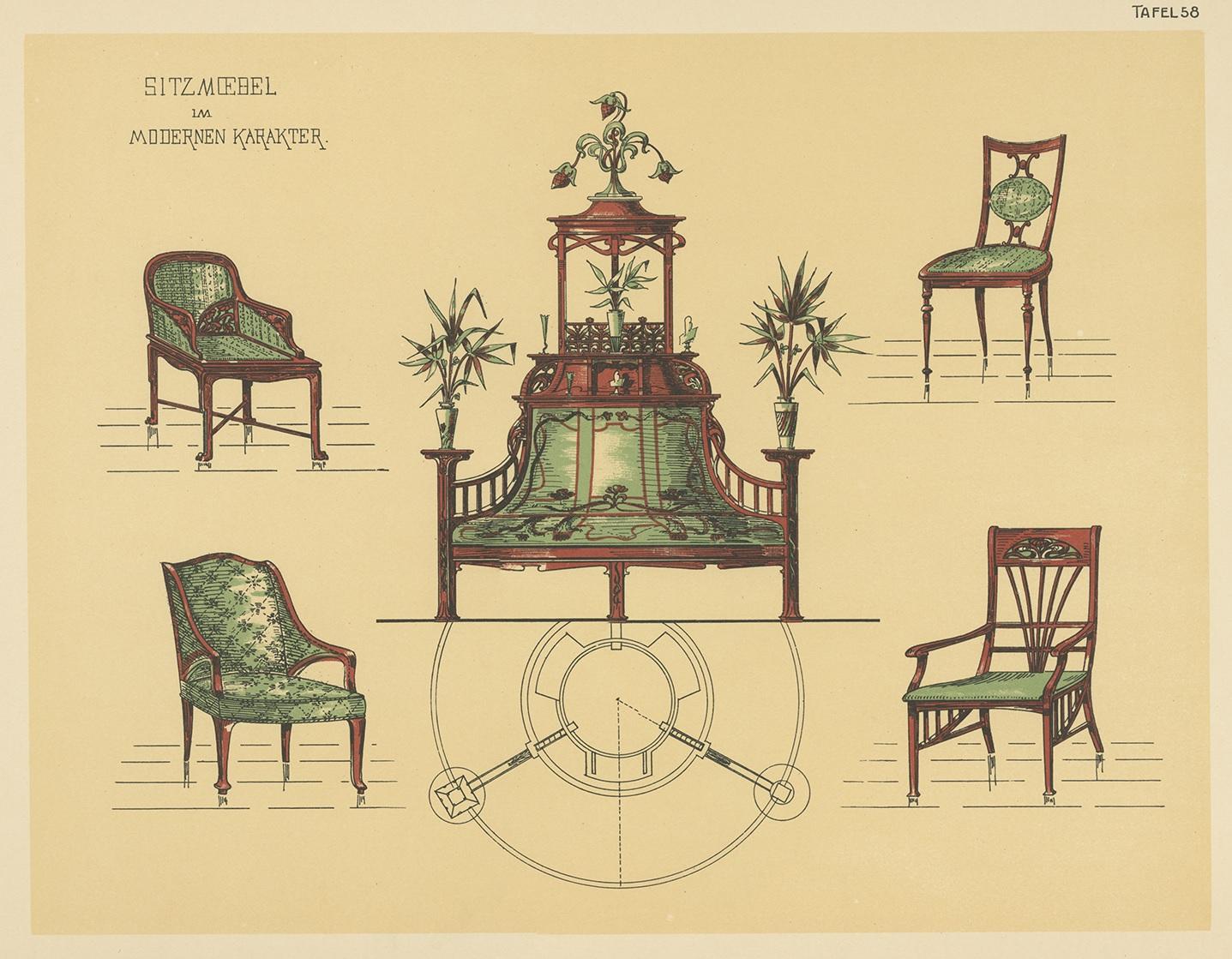 Pl. 58 Grabado antiguo de muebles de asiento de Kramer, hacia 1910 en Bueno estado para la venta en Langweer, NL