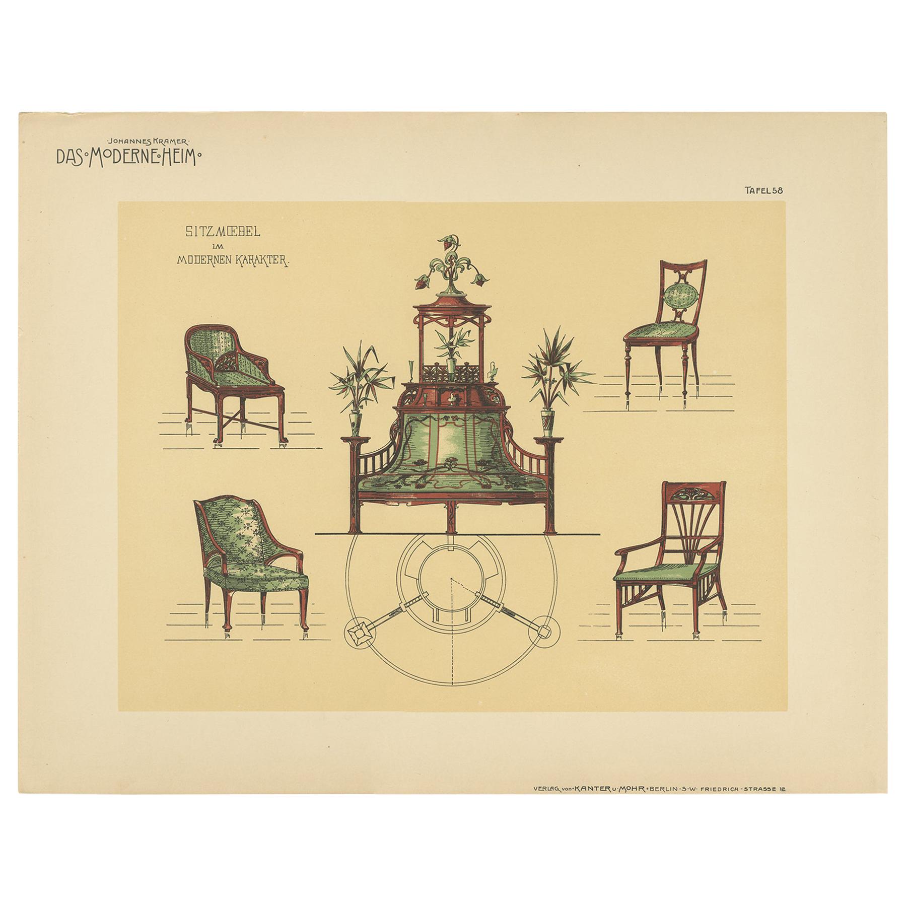 Pl. 58 Antique Print of Seating Furniture by Kramer, circa 1910 For Sale