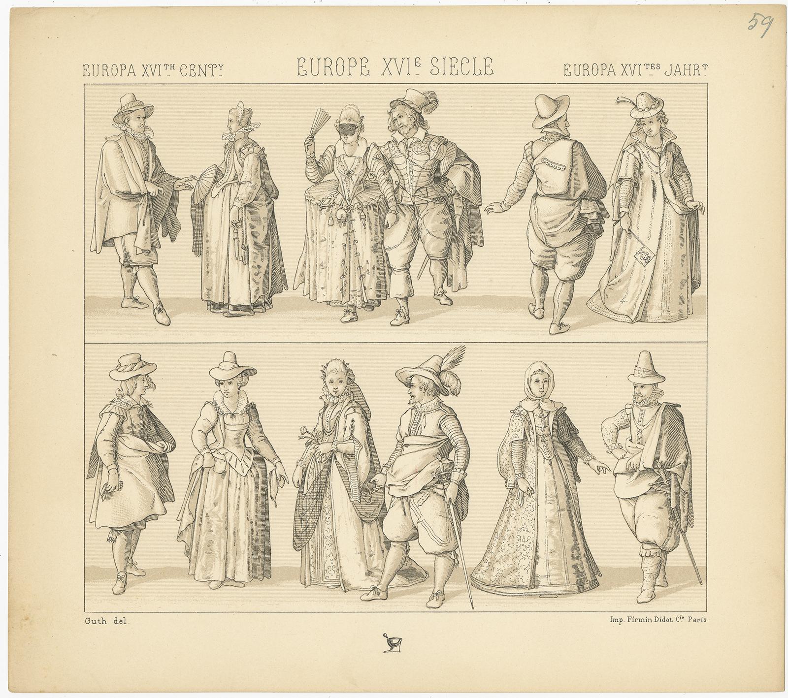 Pl. 59 Stampa antica di costumi europei del XVI secolo di Racinet In condizioni buone in vendita a Langweer, NL