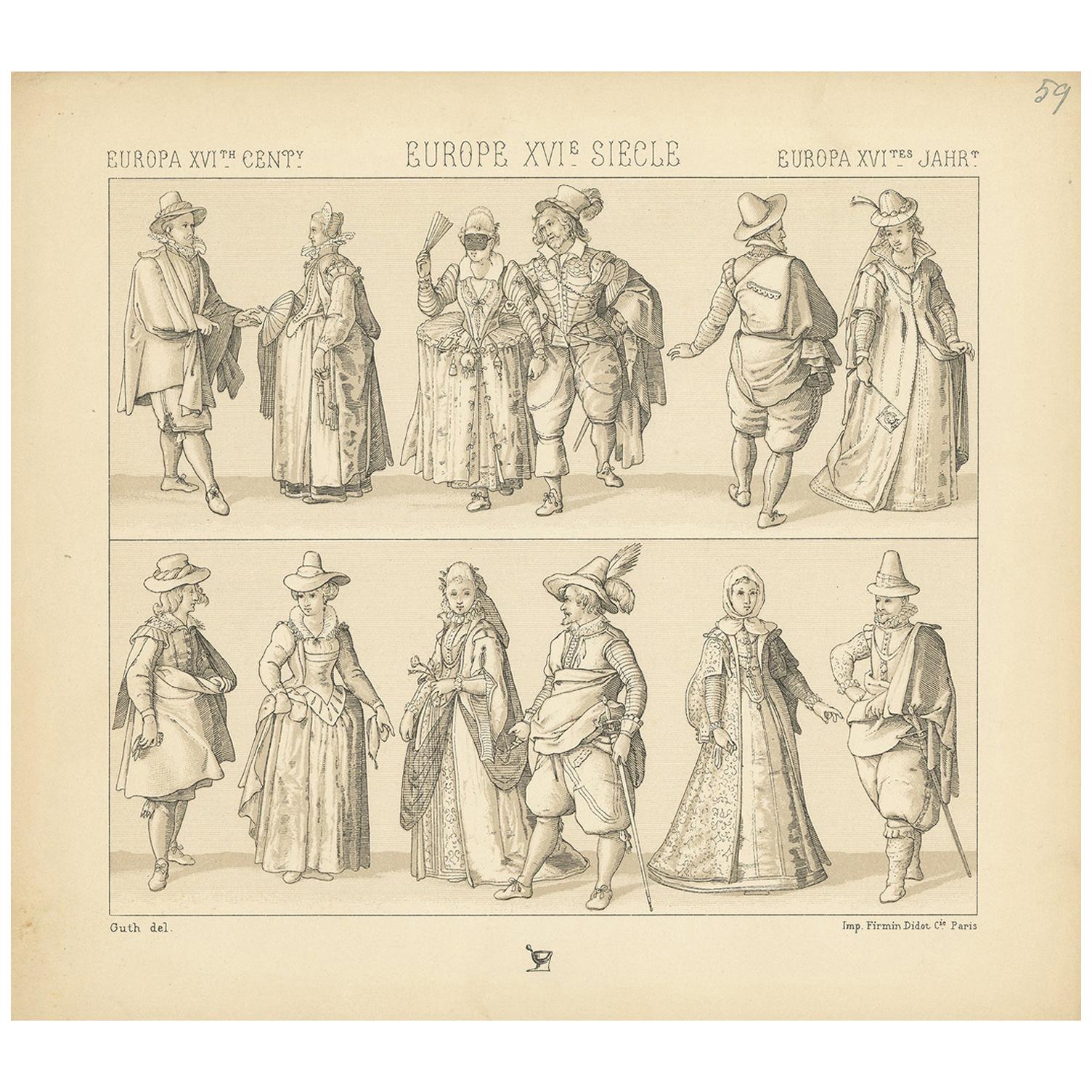 Pl. 59 Antique Print of European XVIth Century Costumes by Racinet