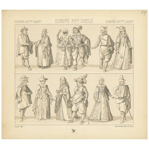 Pl. 59 Antique Print of European XVIth Century Costumes by Racinet