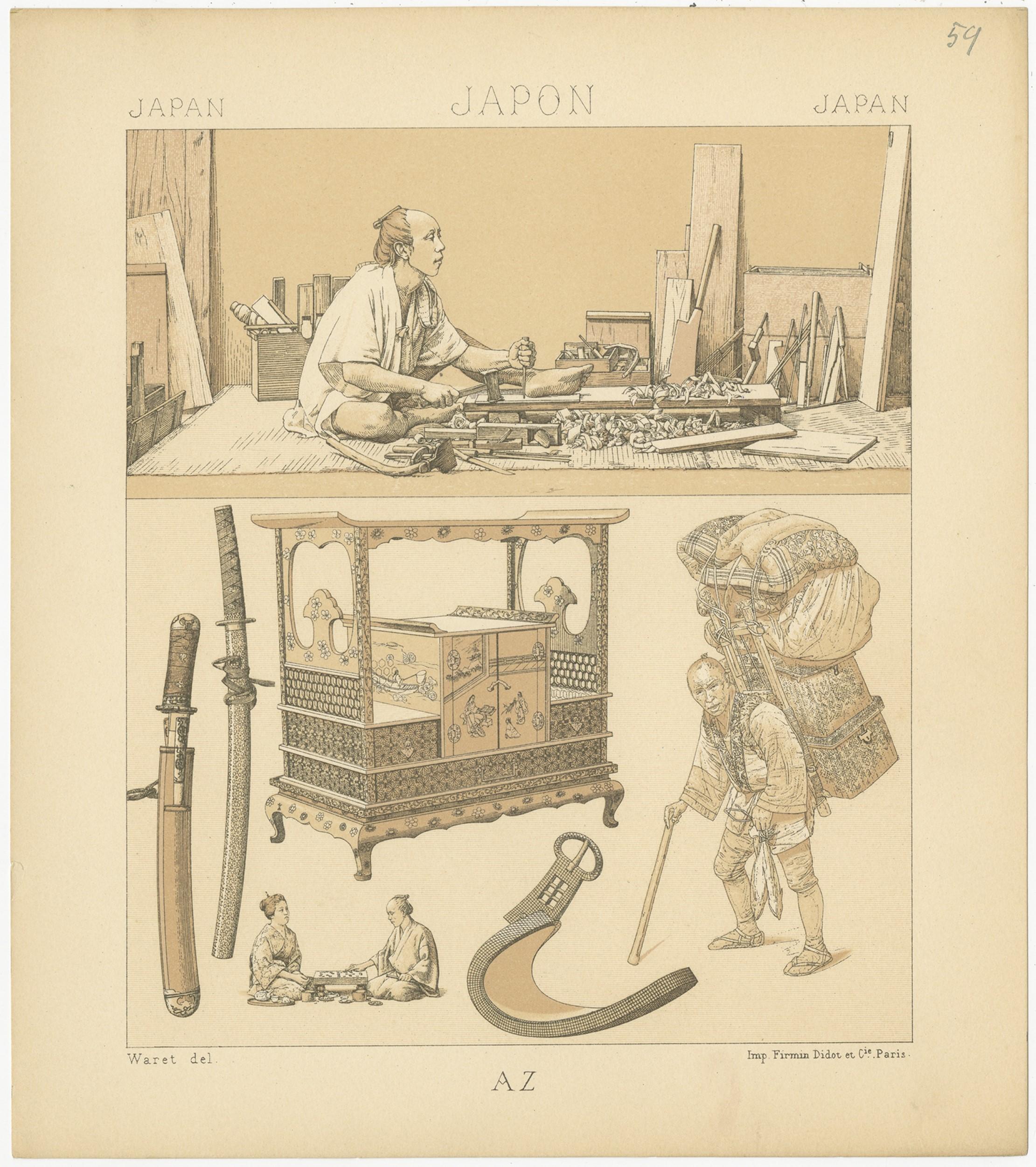 Impression ancienne d'appareils japonais par Racinet, Pl. 59, vers 1880 Bon état - En vente à Langweer, NL