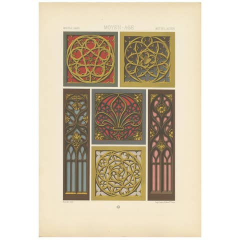 Pl. 59 Antique Print of Middle Ages Painted and Gilt Woodwork by Racinet
