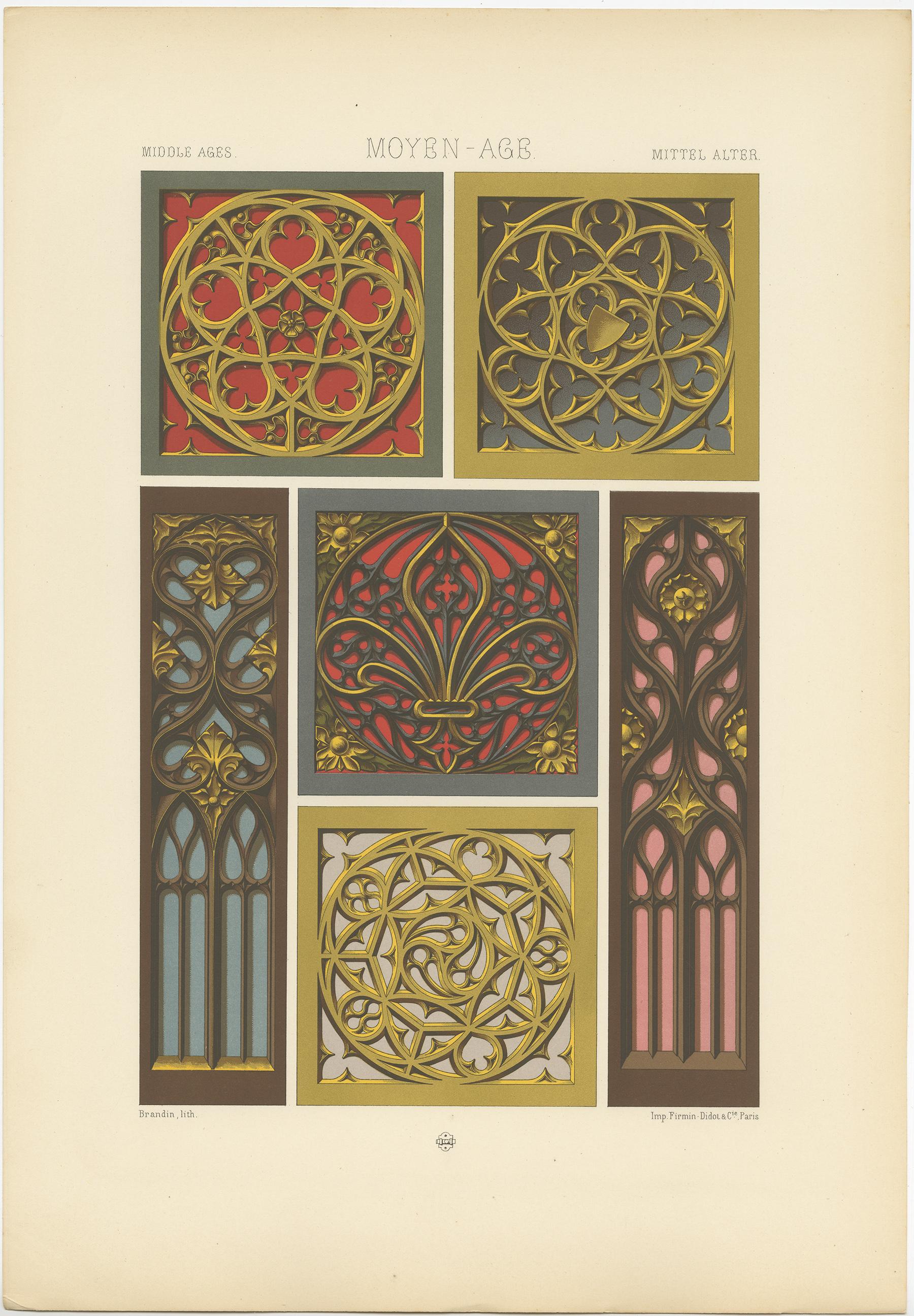 Antique print titled 'Middle Ages - Moyen Age - Mittel Alter'. Chromolithograph of painted and gilt woodwork 15th century ornaments.
This print originates from 'l'Ornement Polychrome' by Auguste Racinet. Published circa 1890.