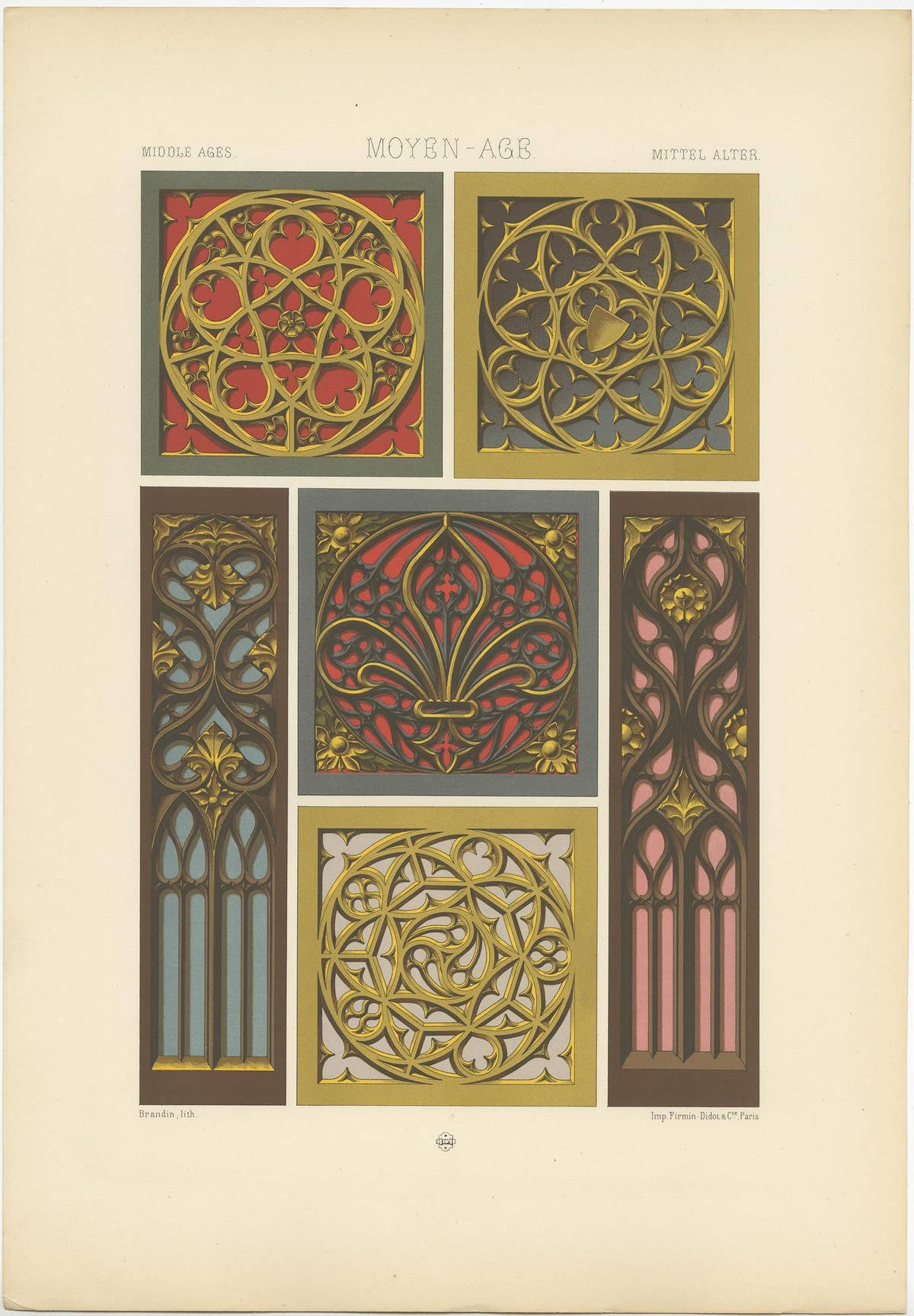 Pl. 59 Antique Print of Middle Ages Painted and Gilt Woodwork by Racinet