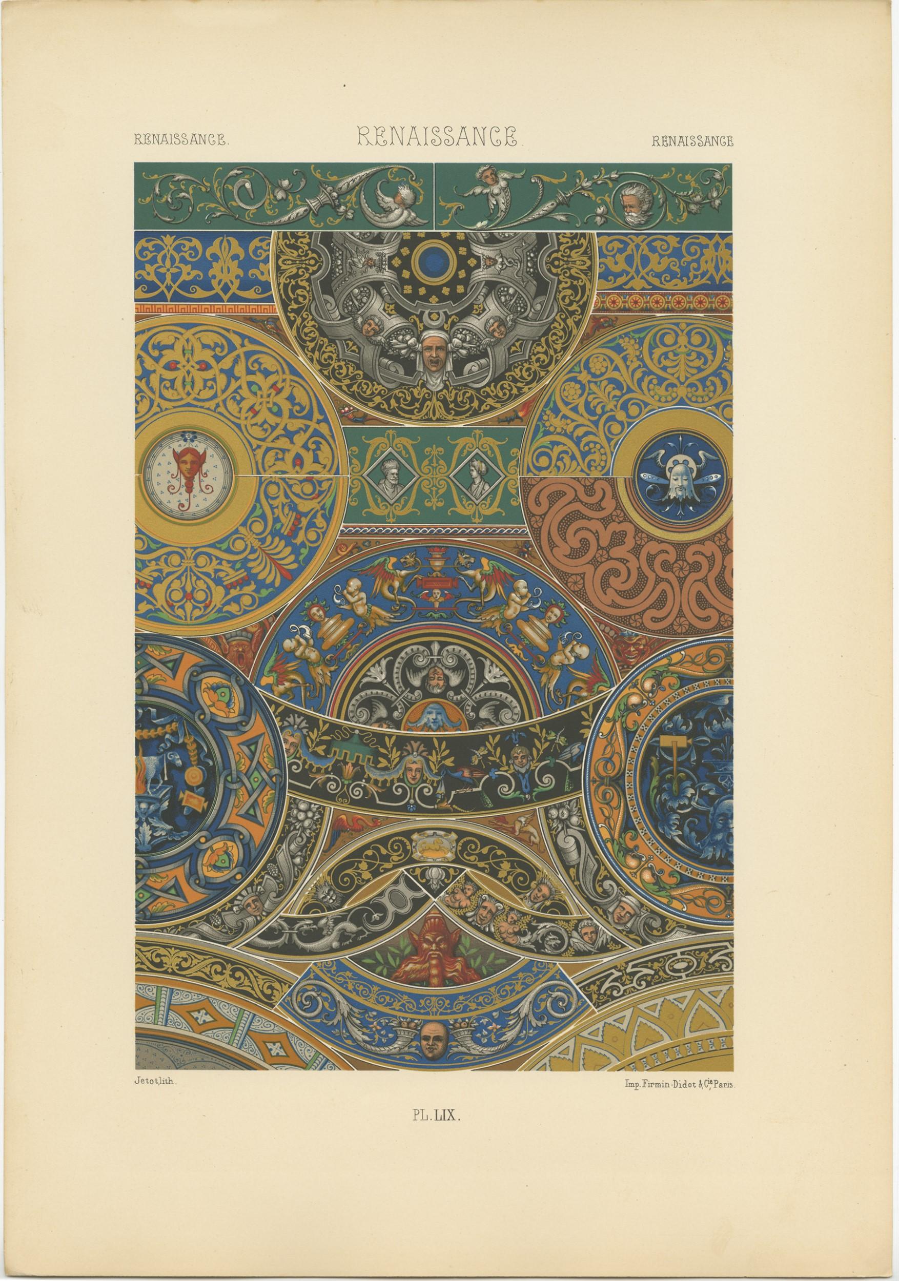 Antique print titled 'Renaissance - Renaissance - Renaissance'. Chromolithograph of Renaissance ornaments and decorative arts. This print originates from 'l'Ornement Polychrome' by Auguste Racinet. Published circa 1890.