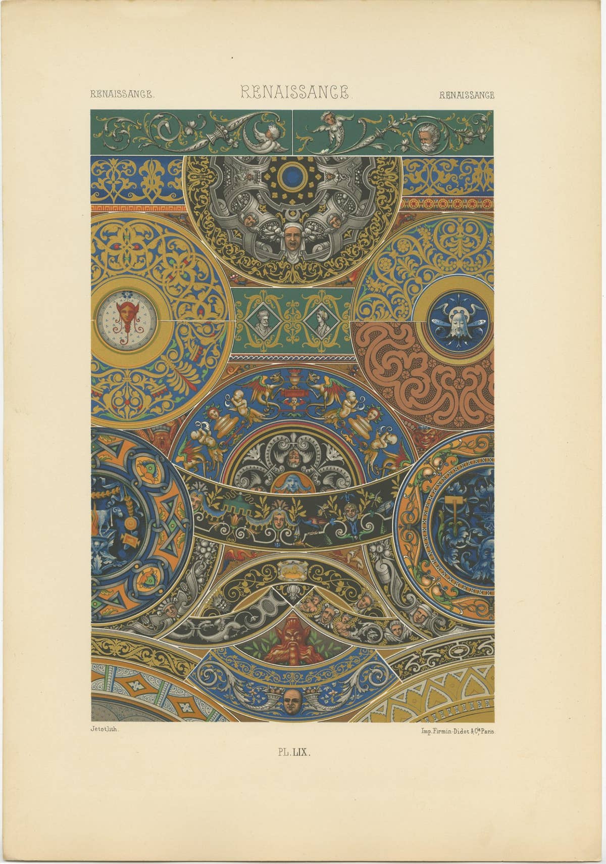 Pl. 59 Antique Print of Renaissance Ornaments by Racinet, circa 1890