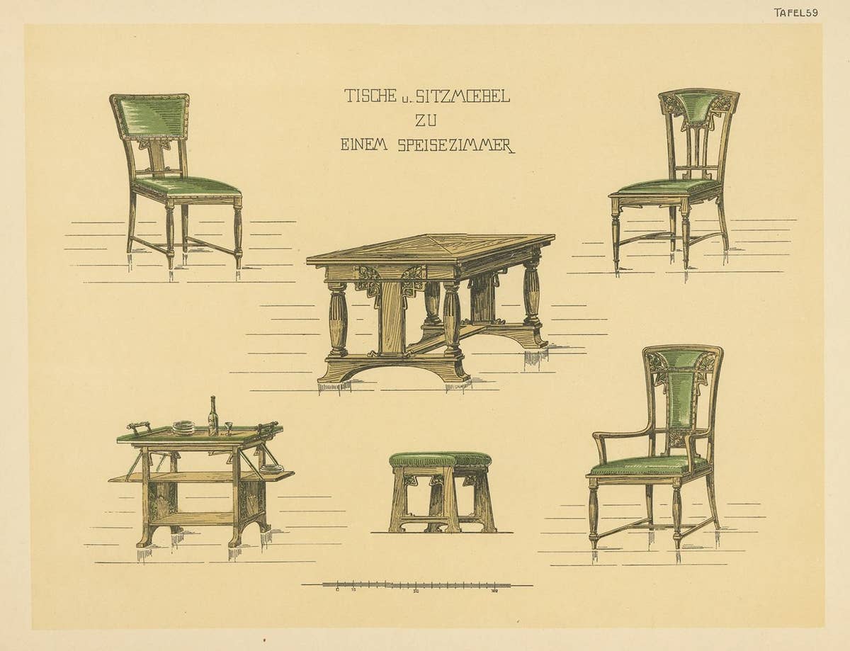 Pl. 59 Antique Print of Tables and Chairs by Kramer, circa 1910