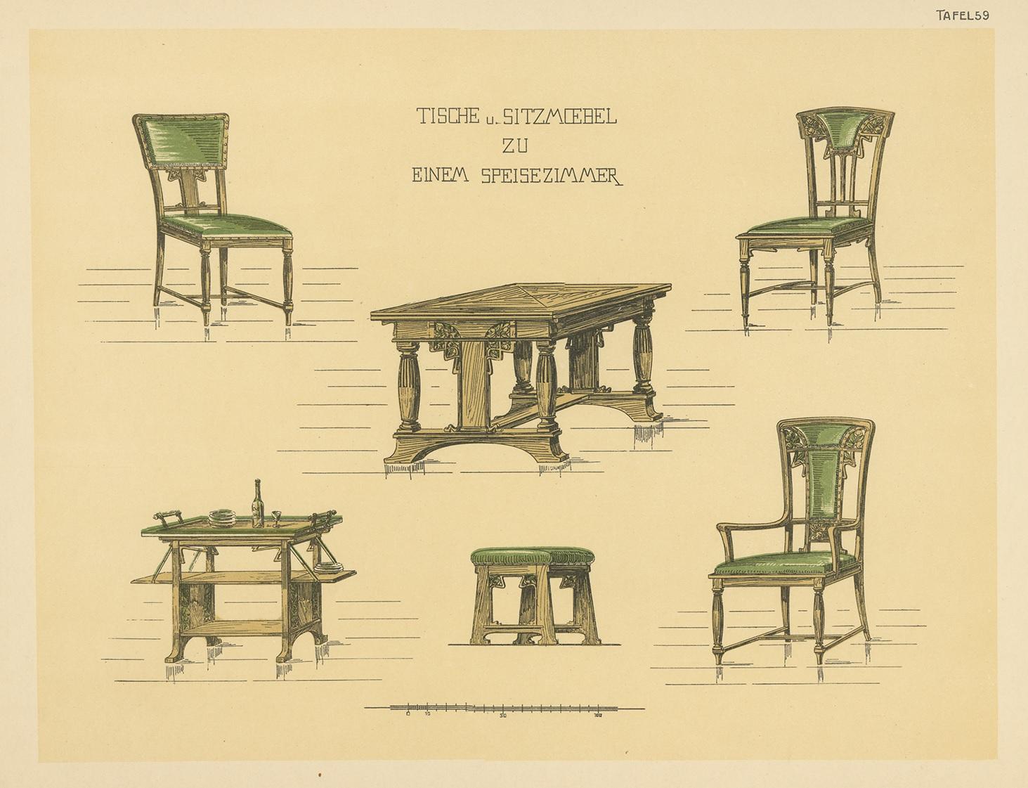 Pl. 59, Antiker Druck von Tischen und Stühlen von Kramer, um 1910 (20. Jahrhundert) im Angebot