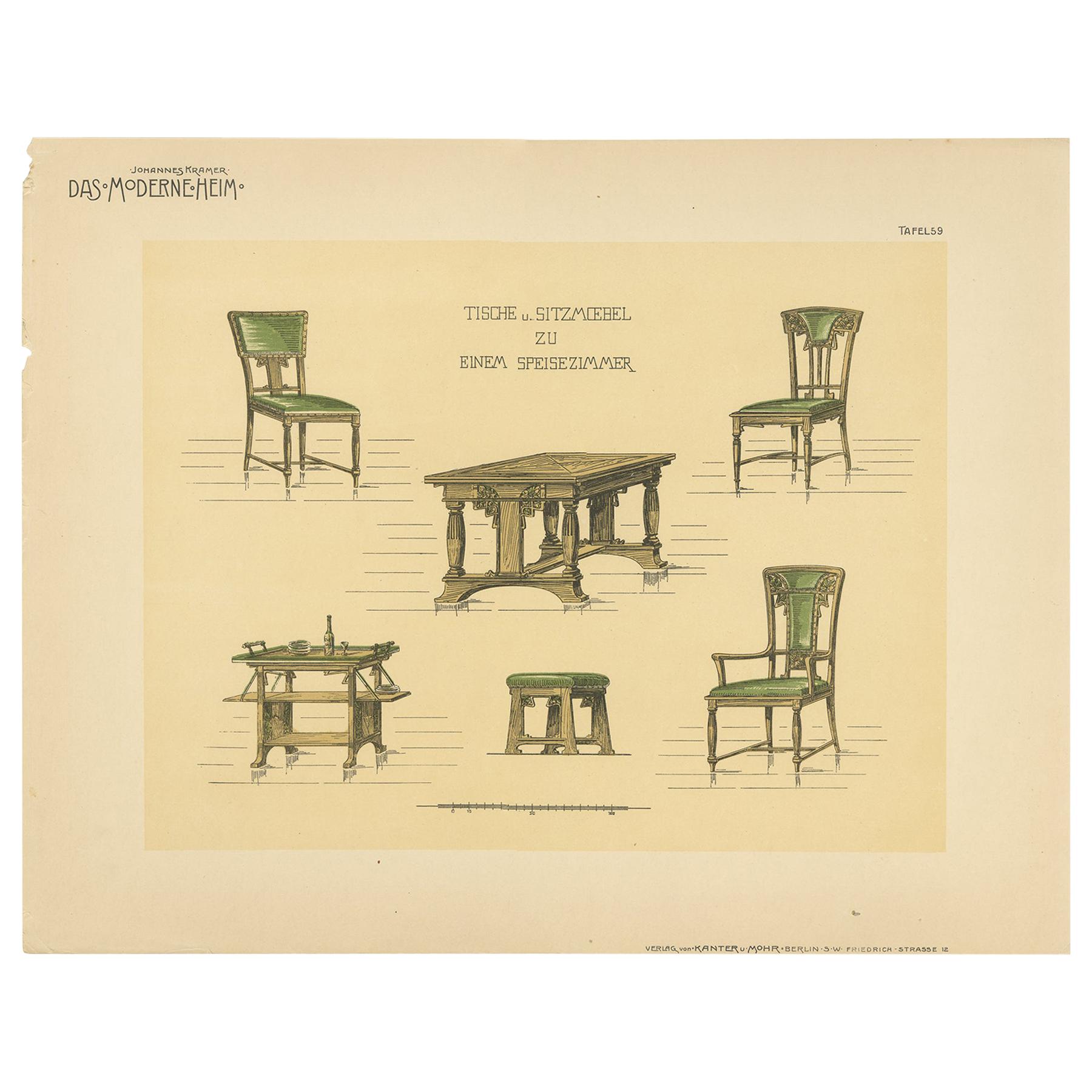 Pl. 59 Antique Print of Tables and Chairs by Kramer, circa 1910
