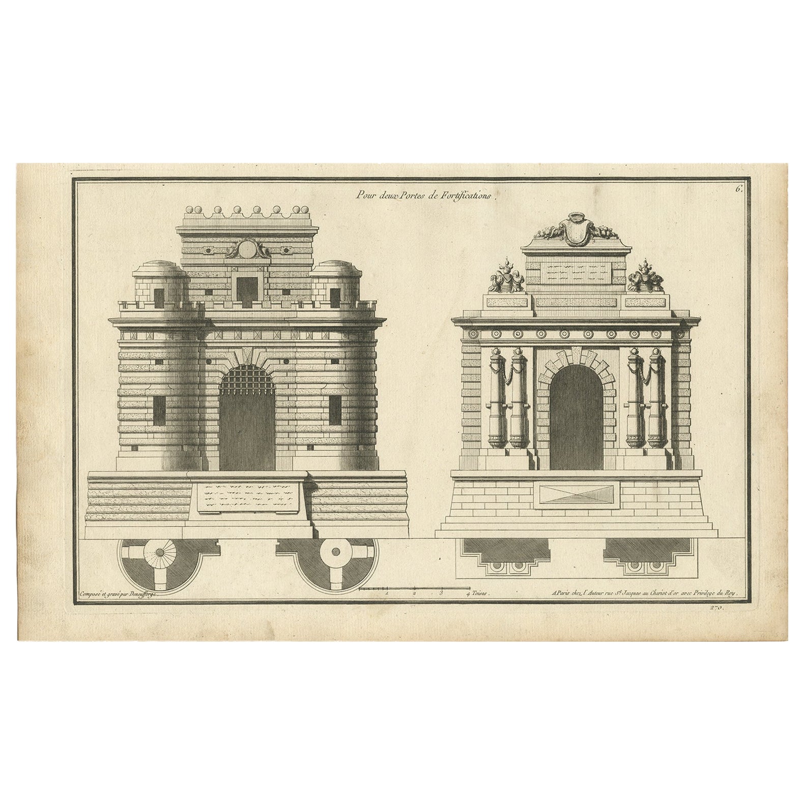 Pl. 6 Antique Architecture Print of Fortifications by Neufforge, c.1770