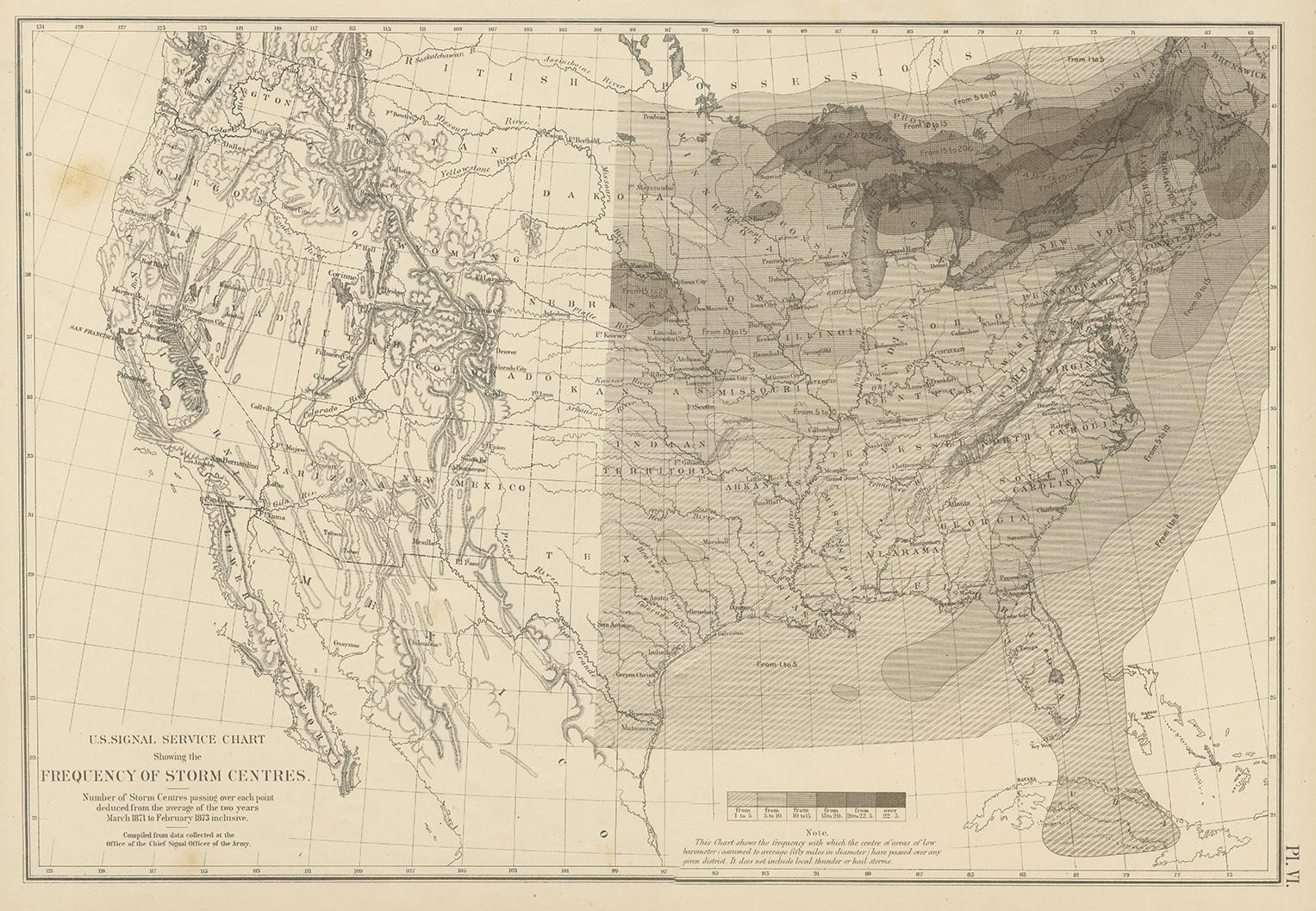 Antike Karte mit dem Titel 'U.S. Signal Service chart showing the frequency of storm centres. Anzahl der über jeden Punkt ziehenden Sturmzentren, abgeleitet aus dem Durchschnitt der beiden Jahre März 1871 bis einschließlich Februar 1873.