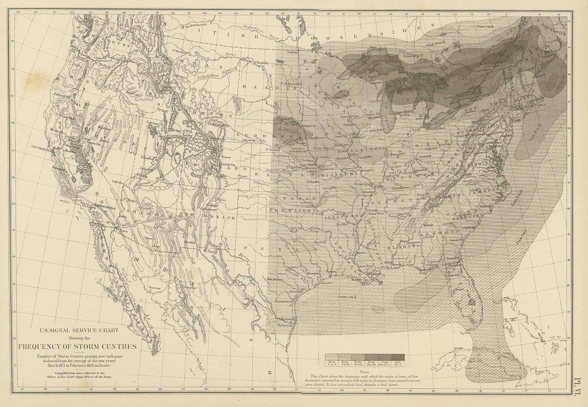 Antique Chart of the Storm Centres of the United States, 1874