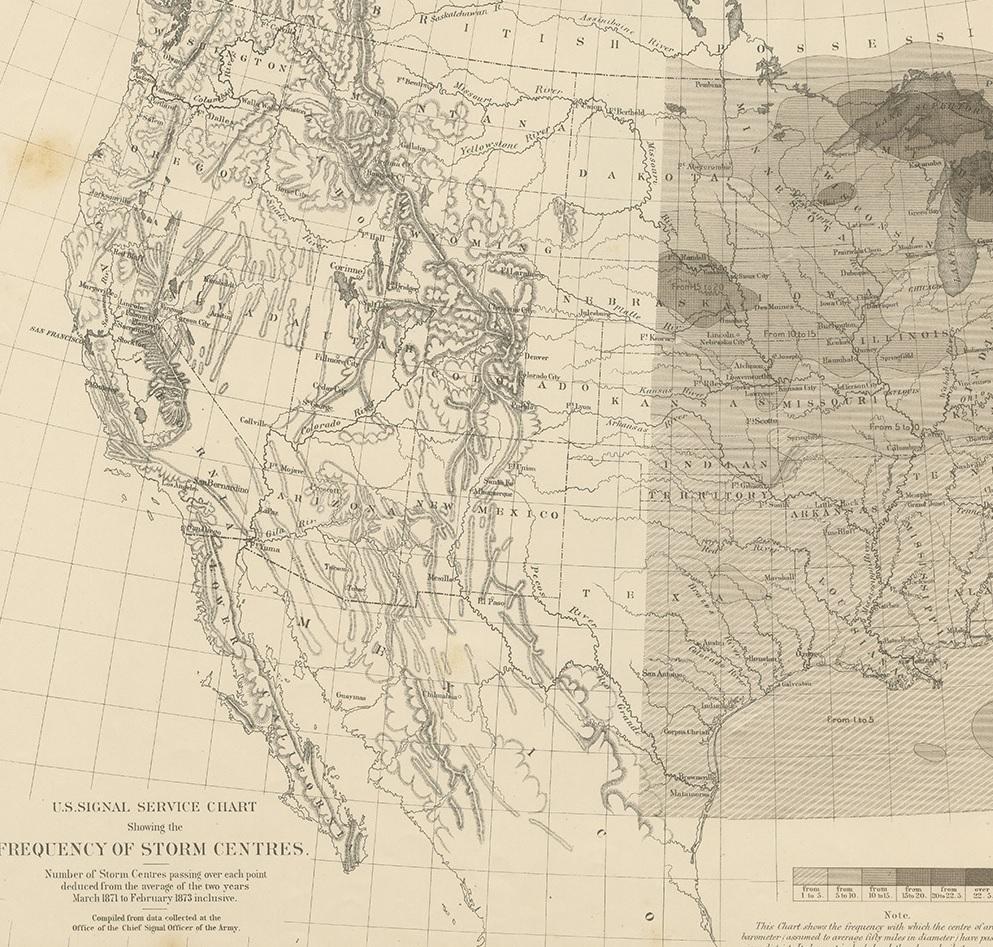 Carte ancienne des centres de tempête des États-Unis, 1874 Bon état - En vente à Langweer, NL