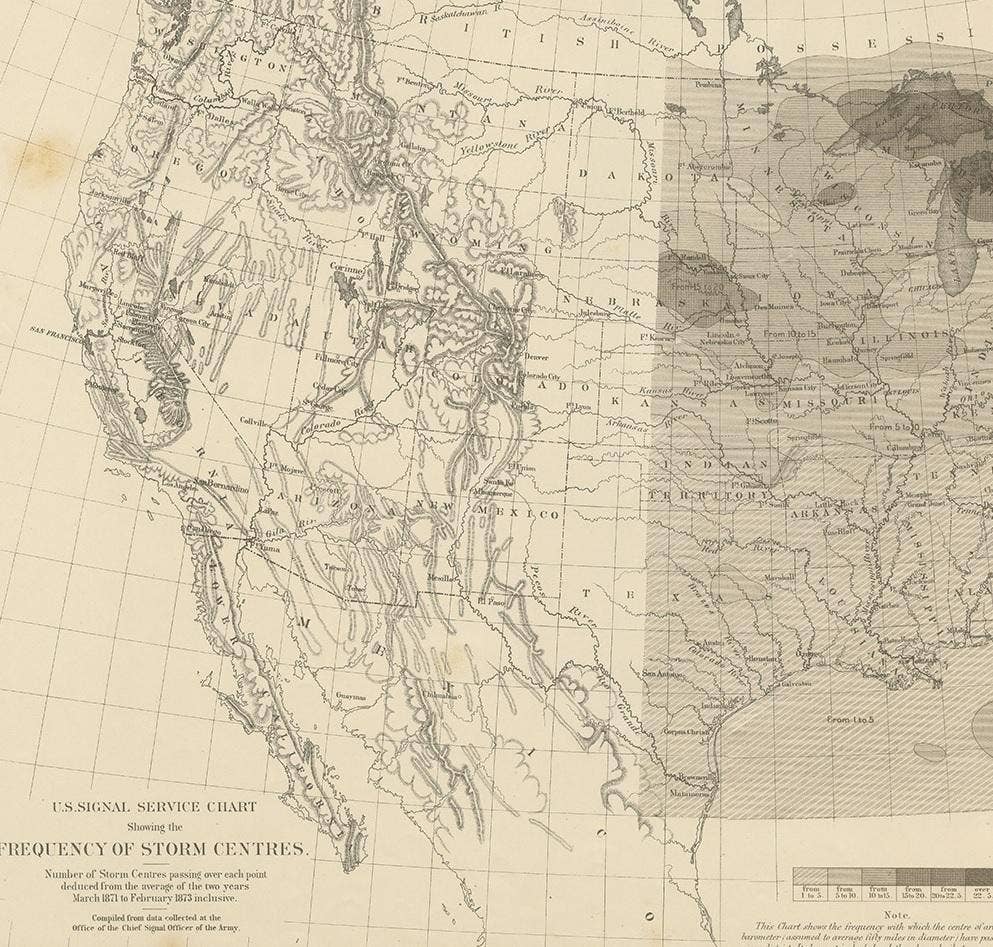 Antique Chart of the Storm Centres of the United States, 1874