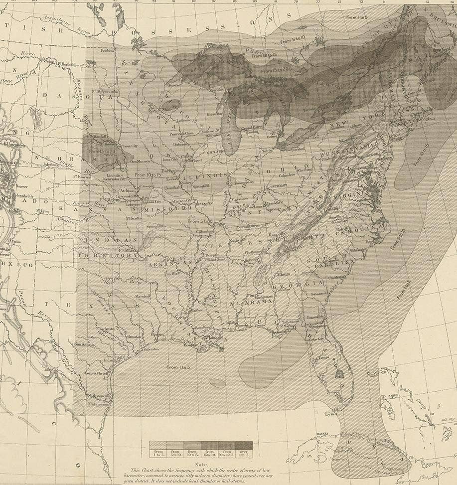 Antique Chart of the Storm Centres of the United States, 1874