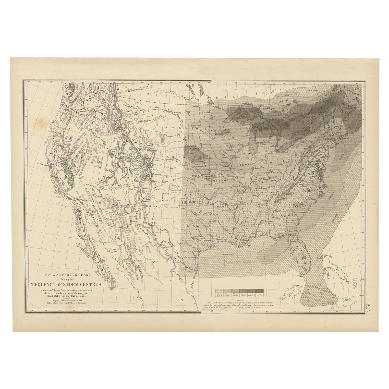 Antike Karte der Sturmzentren der Vereinigten Staaten, 1874