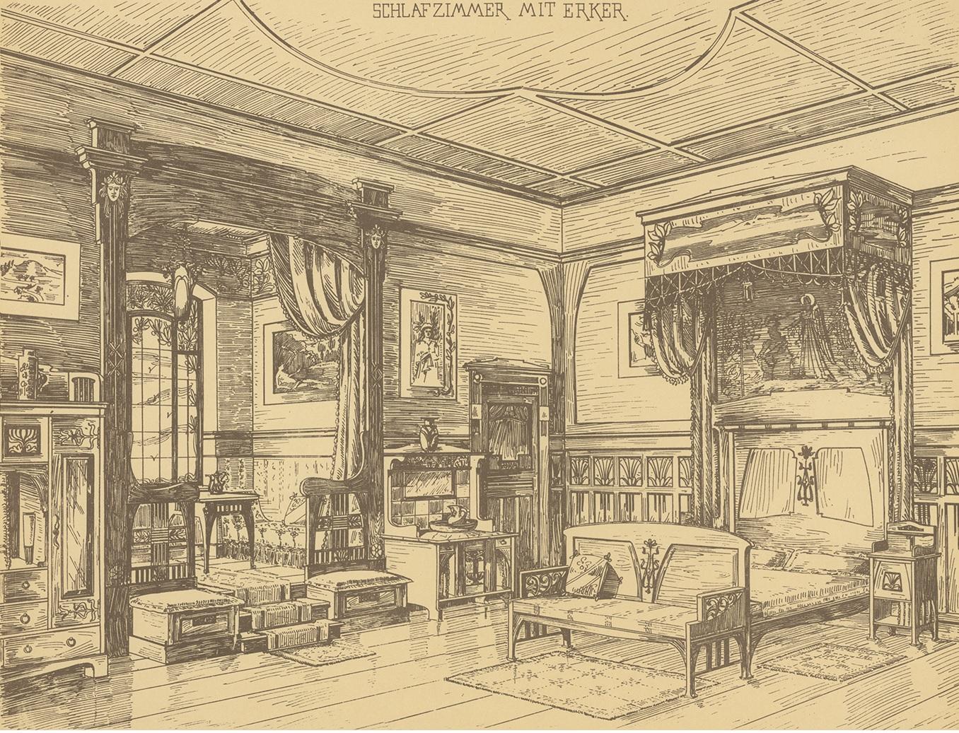 Antique print titled 'Schlafzimmer mit Erker'. Lithograph of a bedroom with bay window. This print originates from 'Det Moderna Hemmet' by Johannes Kramer. Published by Ferdinand Hey'l, circa 1910.