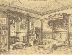 Pl. 6 Antique Print of a Bedroom with Bay Window by Kramer, circa 1910