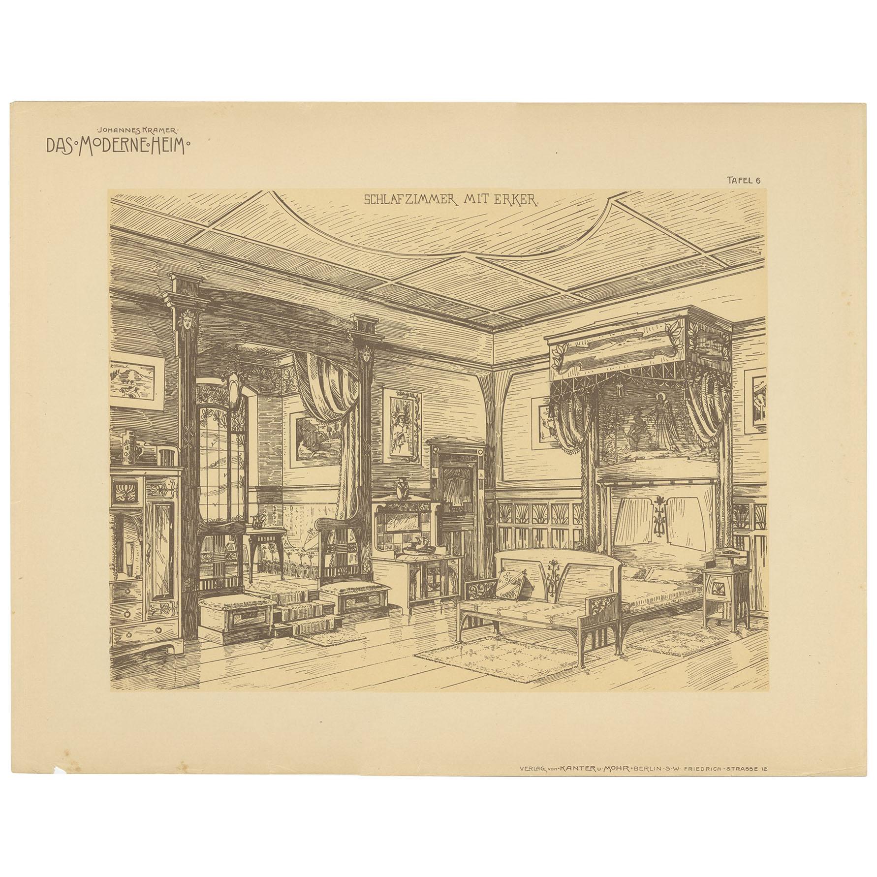Impression ancienne d'une chambre à coucher avec fenêtre de baie par Kramer, pl. 6, vers 1910