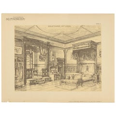 Pl. 6 Antique Print of a Bedroom with Bay Window by Kramer, circa 1910