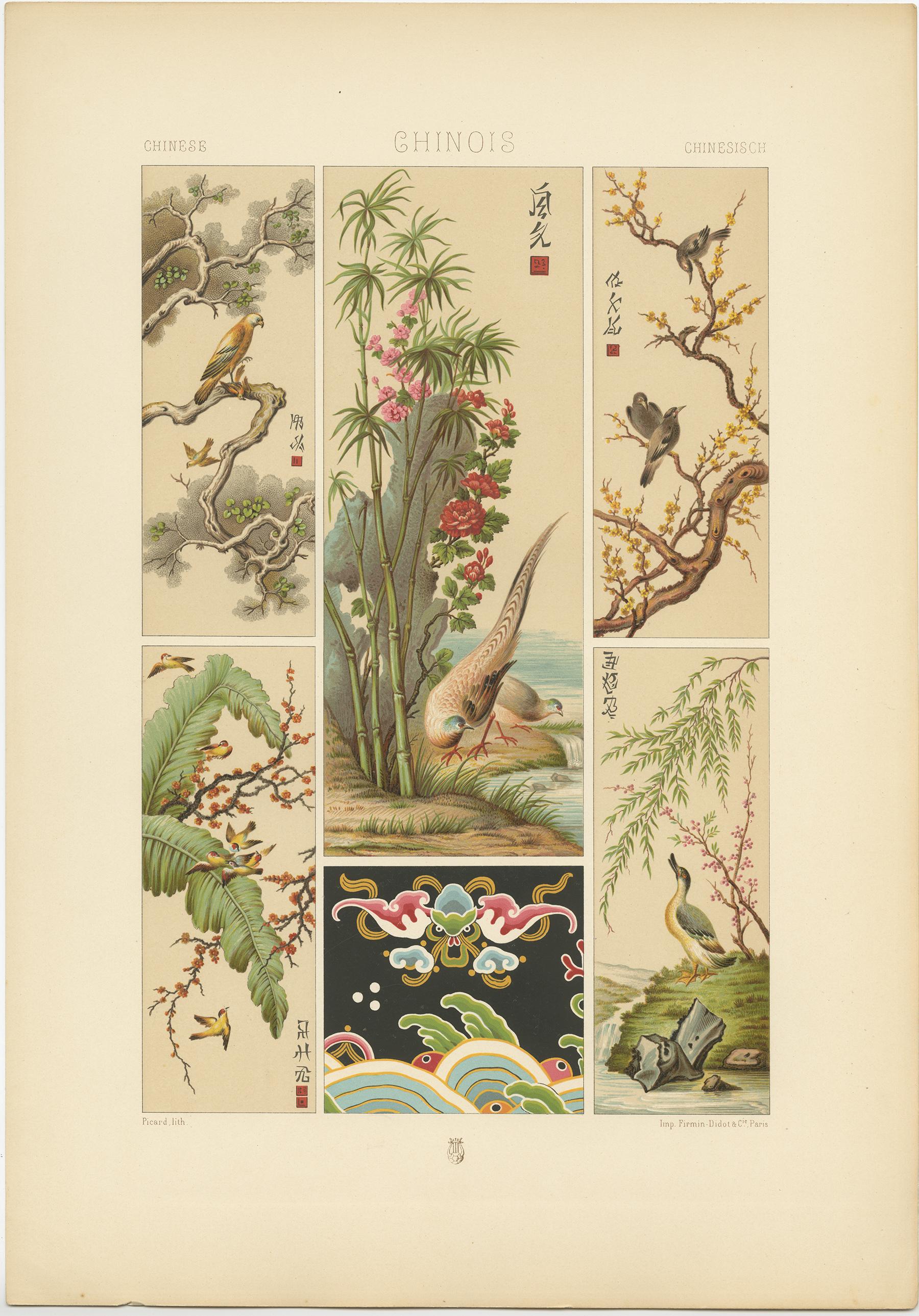 Antique print titled 'Chinese - Chinois - Chinesisch'. Chromolithograph of Chinese embroidery and decorative paintings ornaments. This print originates from 'l'Ornement Polychrome' by Auguste Racinet. Published circa 1890.