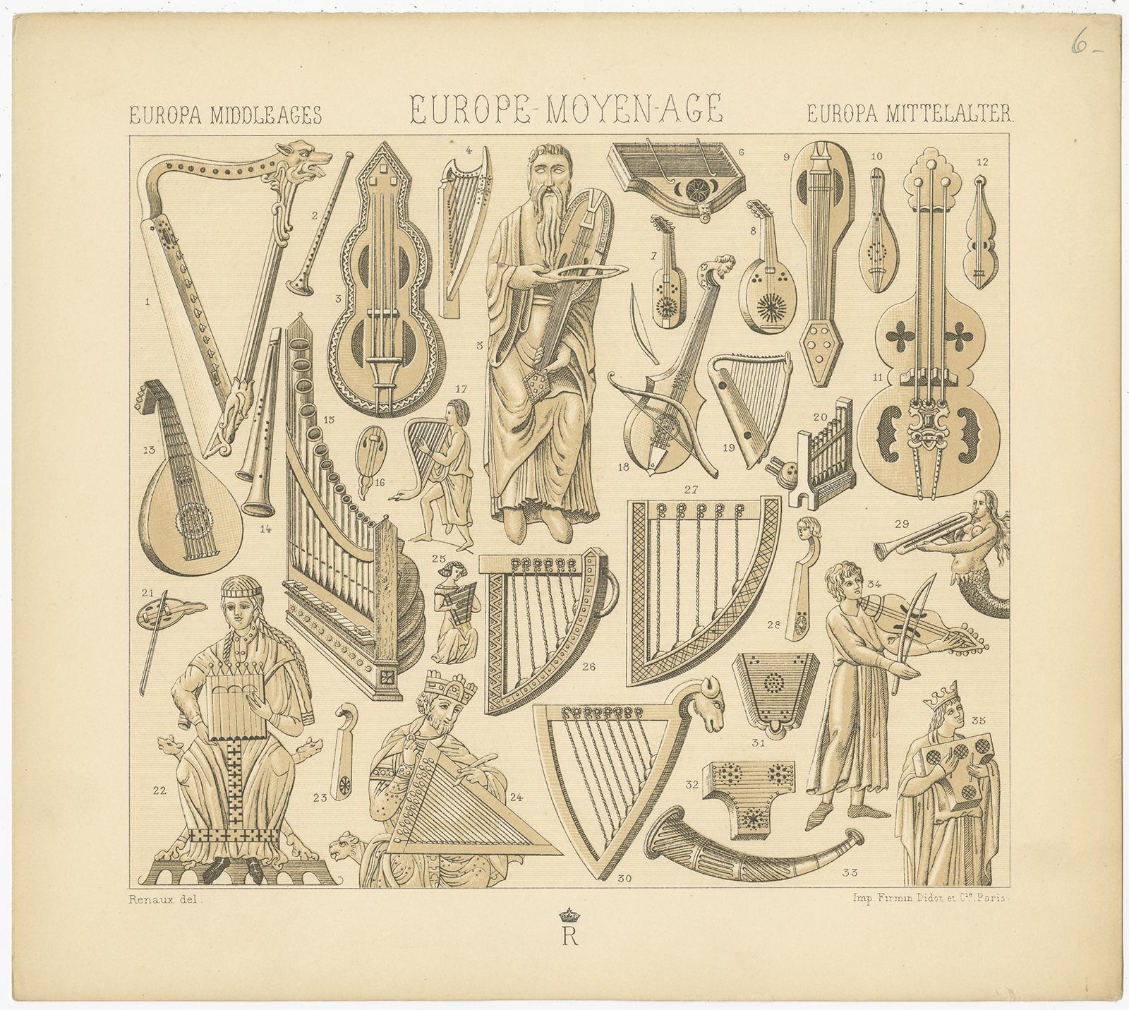 Antique print titled 'Europa Middle Ages - Europe Moyen Age - Europa Mittelalter'. Chromolithograph of European Middle Ages Music Objects. This print originates from 'Le Costume Historique' by M.A. Racinet. Published, circa 1880.
