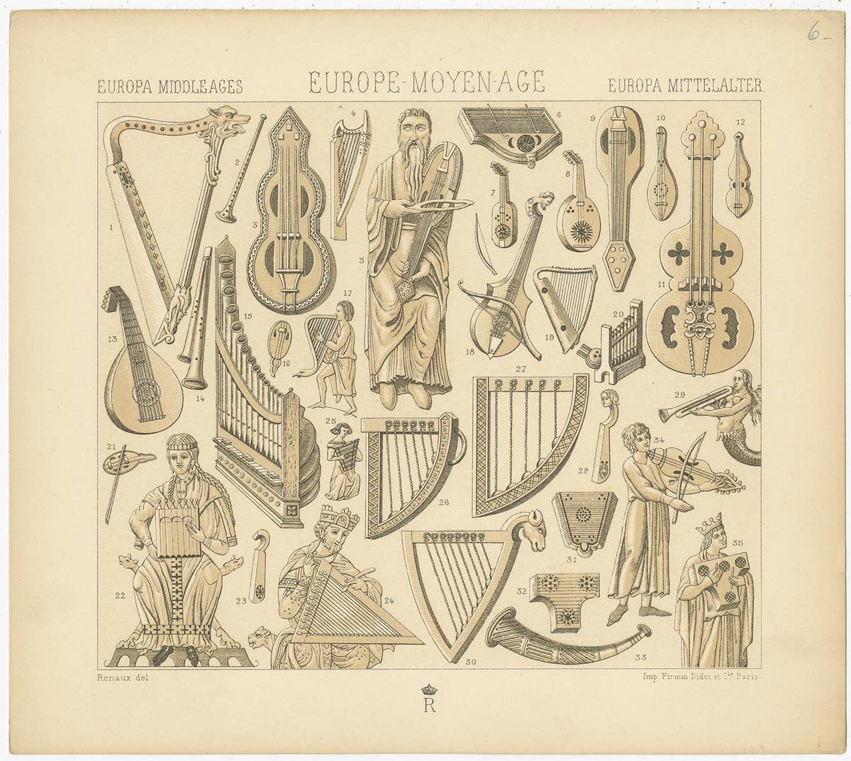 Pl. 6 Antique Print of European Middle Ages Music Objects by Racinet, circa 1880