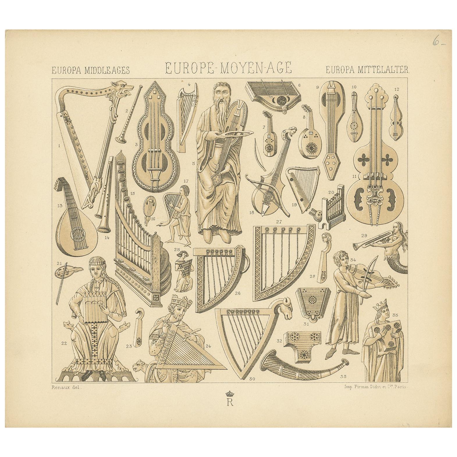 Pl. 6 Antique Print of European Middle Ages Music Objects by Racinet, circa 1880 For Sale