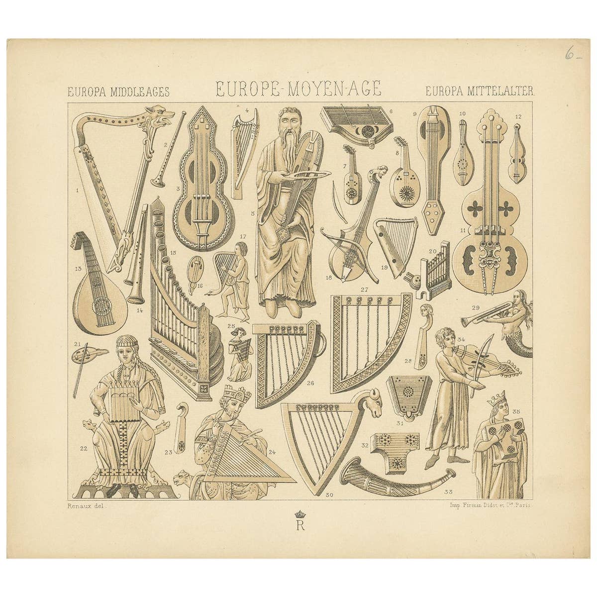 Pl. 6 Antique Print of European Middle Ages Music Objects by Racinet, circa 1880