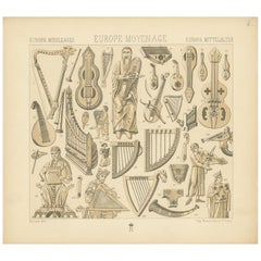 Pl. 6 Gravure ancienne d'objets fors Objects pour la musique du Moyen Age européen par Racinet, circa 1880