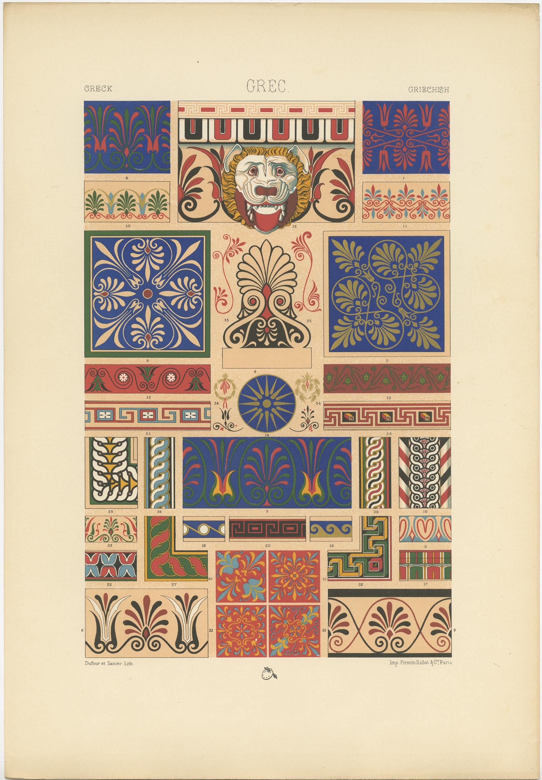 Antique print titled 'Greck - Grec - Griechish'. Chromolithograph of Greek ornaments and decorative arts. This print originates from 'l'Ornement Polychrome' by Auguste Racinet. Published circa 1890.