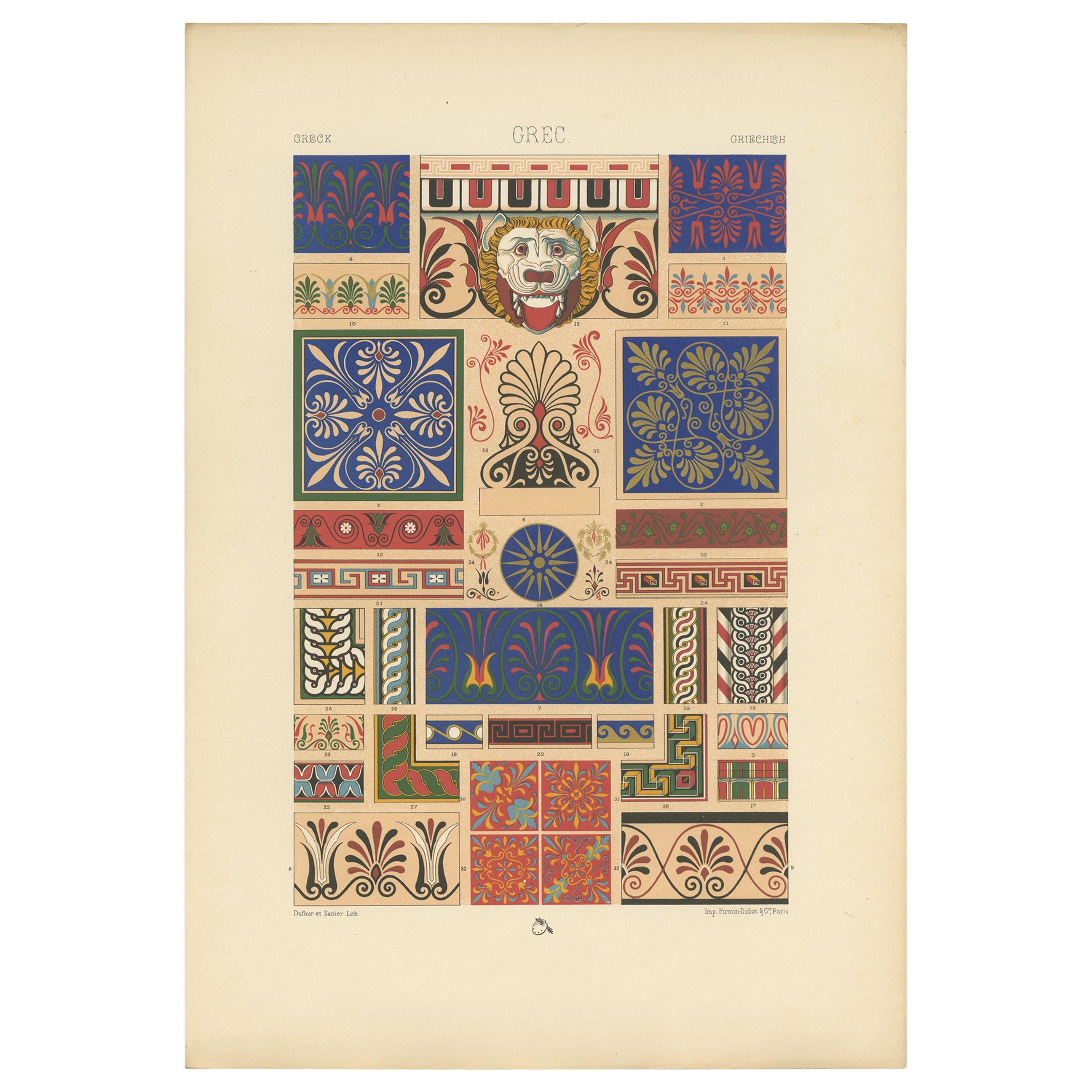 Pl. 6 Antique Print of Greek Ornaments by Racinet, circa 1890 For Sale