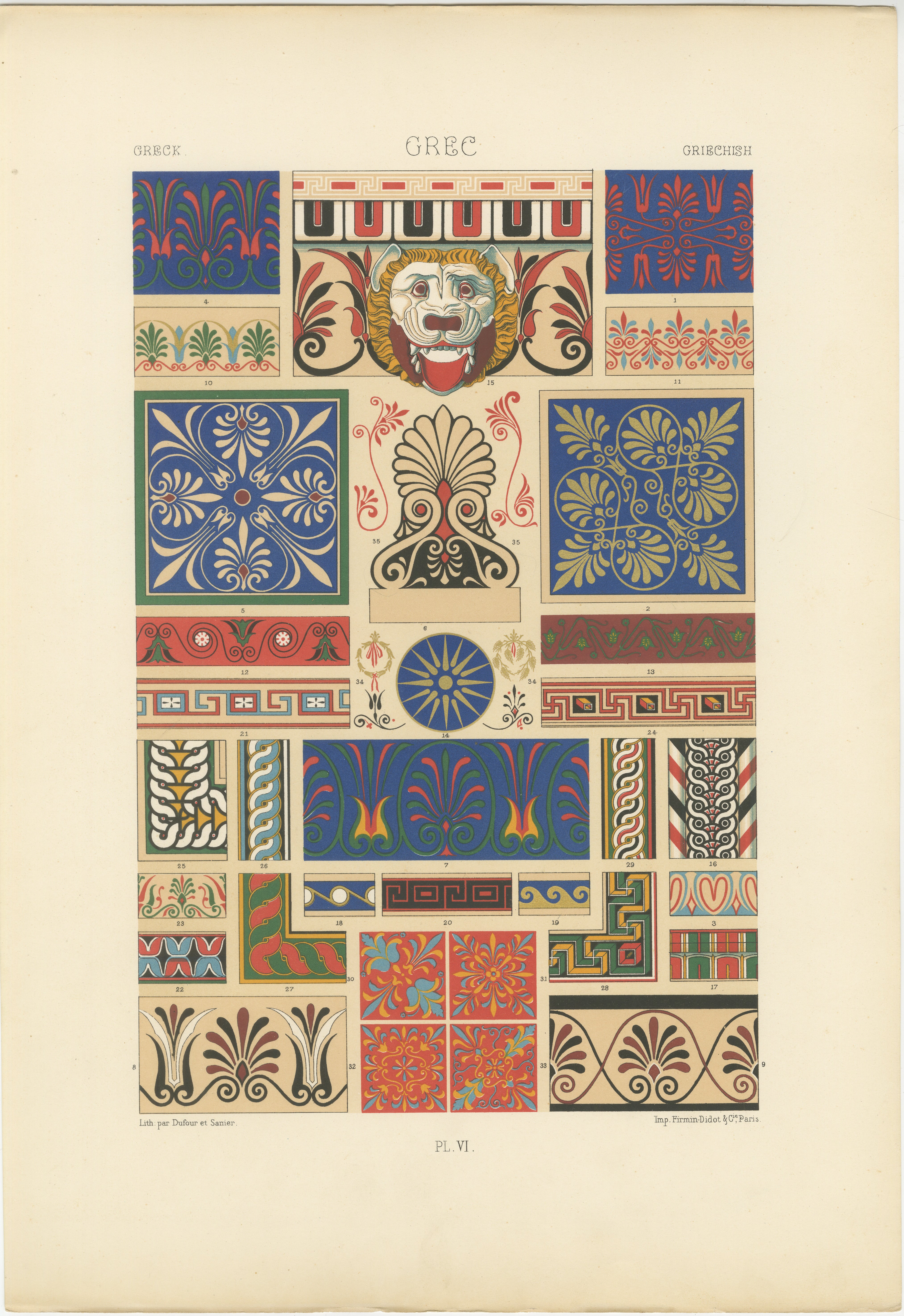 Pl. 6 Stampa antica di ornamenti greci di Racinet, 1890 circa