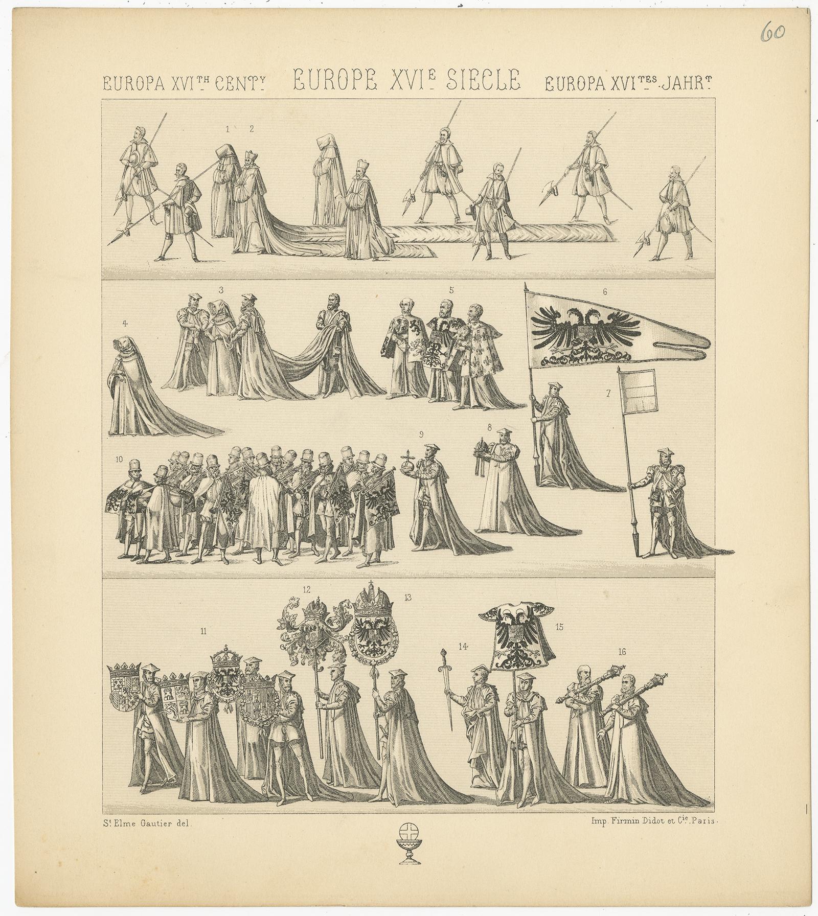 Antique print titled 'Europa XVIth Cent - Europe XVIe, Siecle - Europa XVItes Jahr'. Chromolithograph of European 16th century Royalty Scenes. This print originates from 'Le Costume Historique' by M.A. Racinet. Published circa 1880.