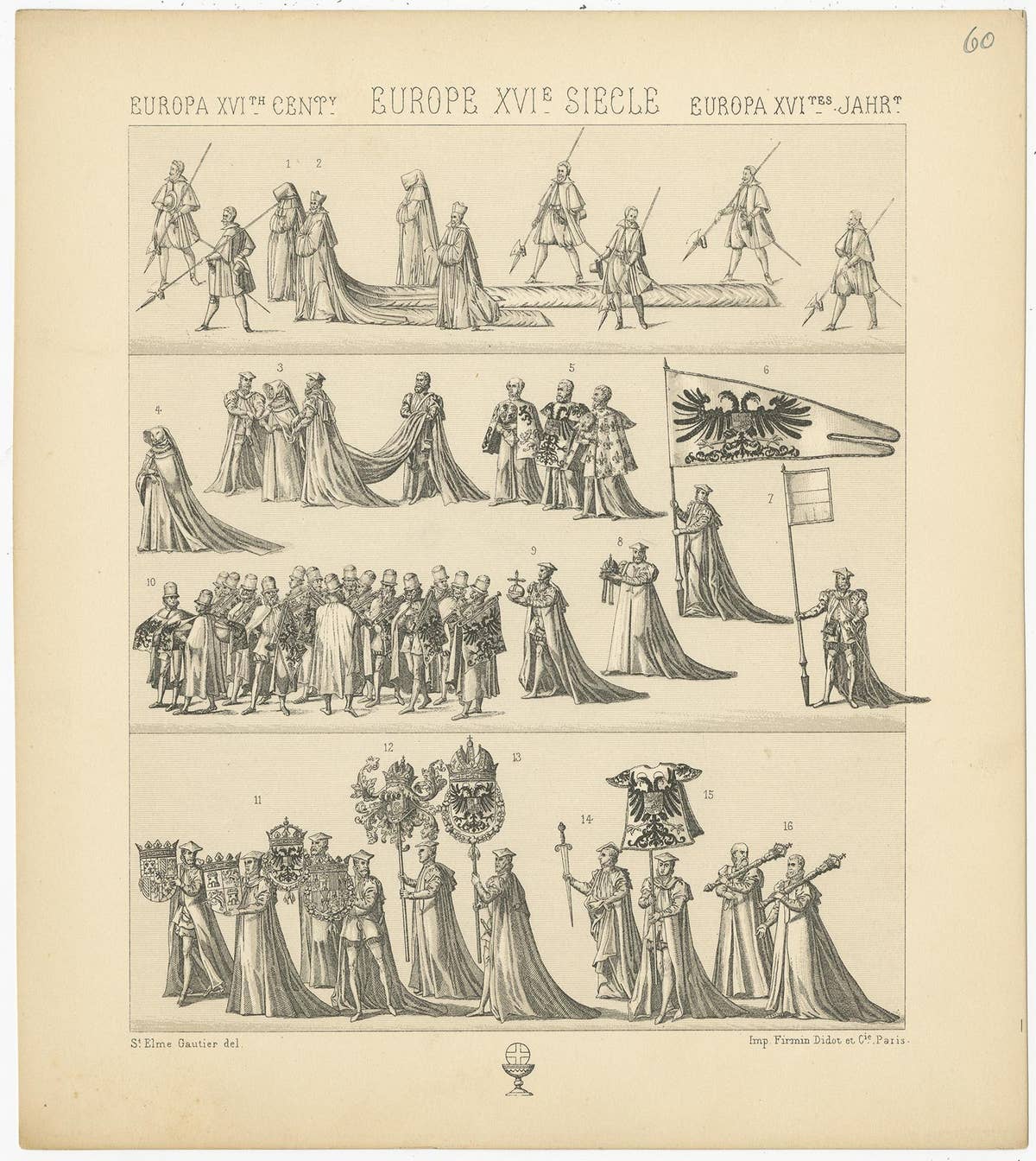 Pl. 60 Antique Print of European 16th Century Royalty Scenes by Racinet