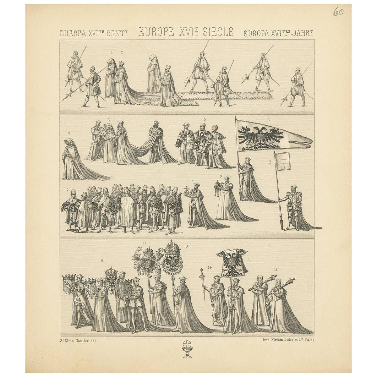 Pl. 60 Antique Print of European 16th Century Royalty Scenes by Racinet