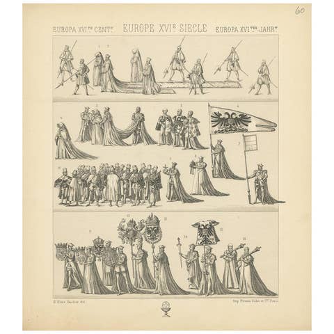 Pl. 60 Antique Print of European 16th Century Royalty Scenes by Racinet