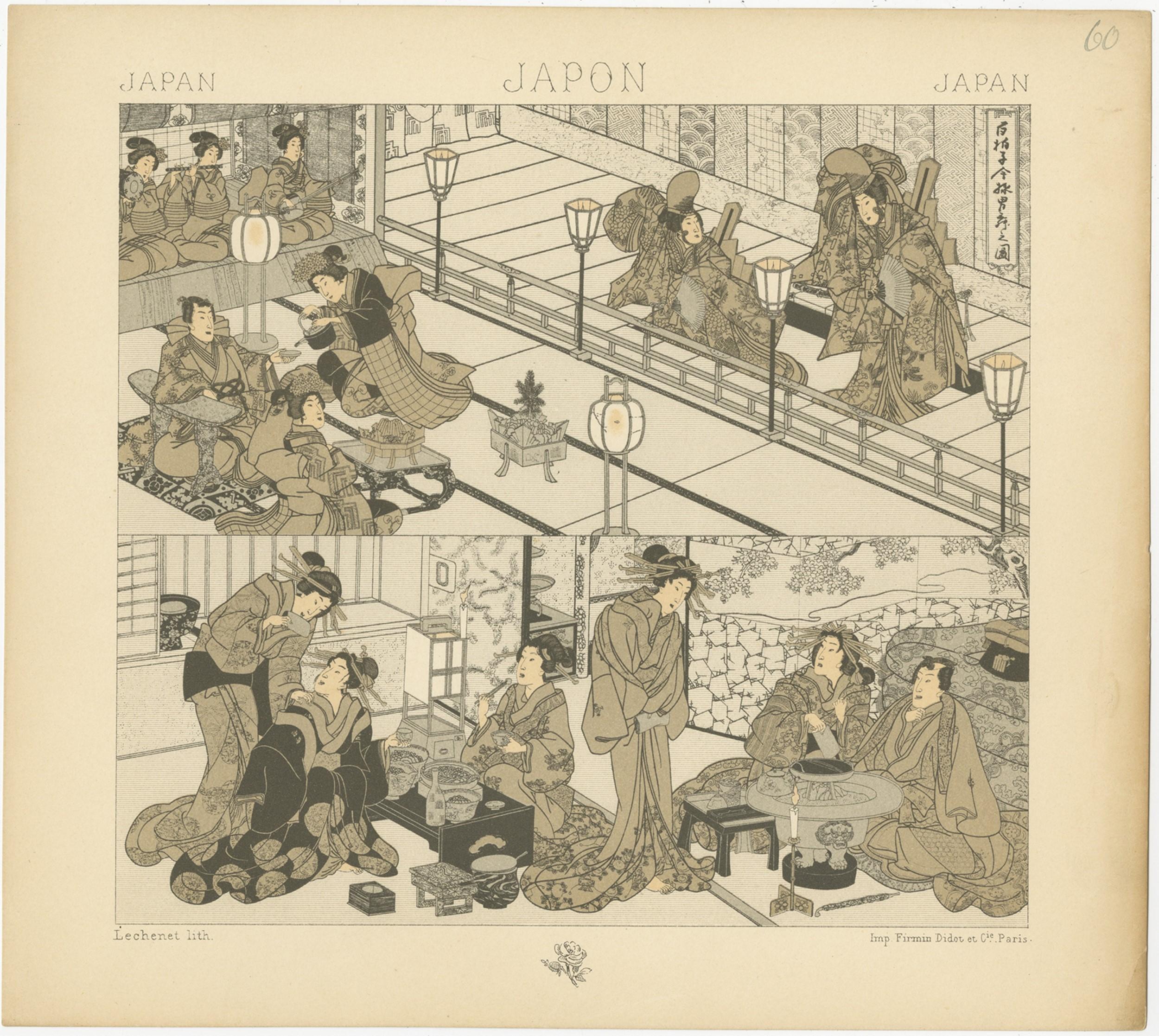 Antique print titled 'Japan - Japon - Japan'. Chromolithograph of Japanese scenes. This print originates from 'Le Costume Historique' by M.A. Racinet. Published, circa 1880.