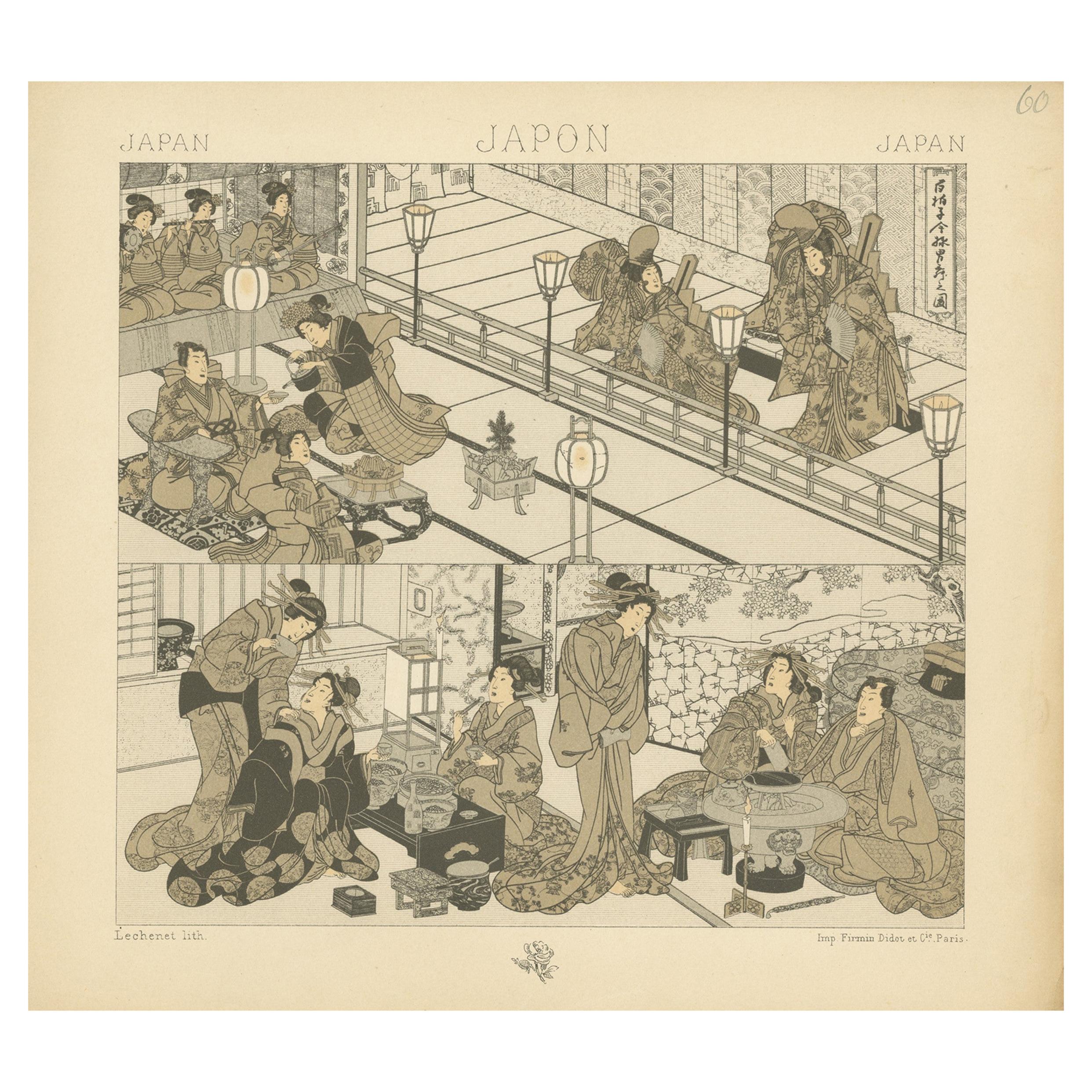 Pl. 60 Antique Print of Japanese Scenes by Racinet, 'circa 1880'