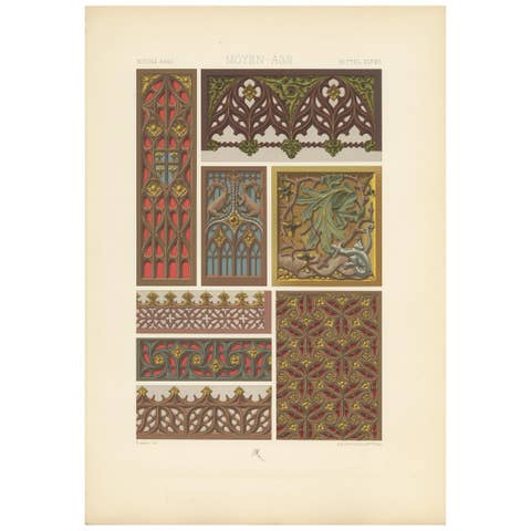 Pl. 60 Antique Print of Middle Ages Painted and Gilt Woodwork by Racinet
