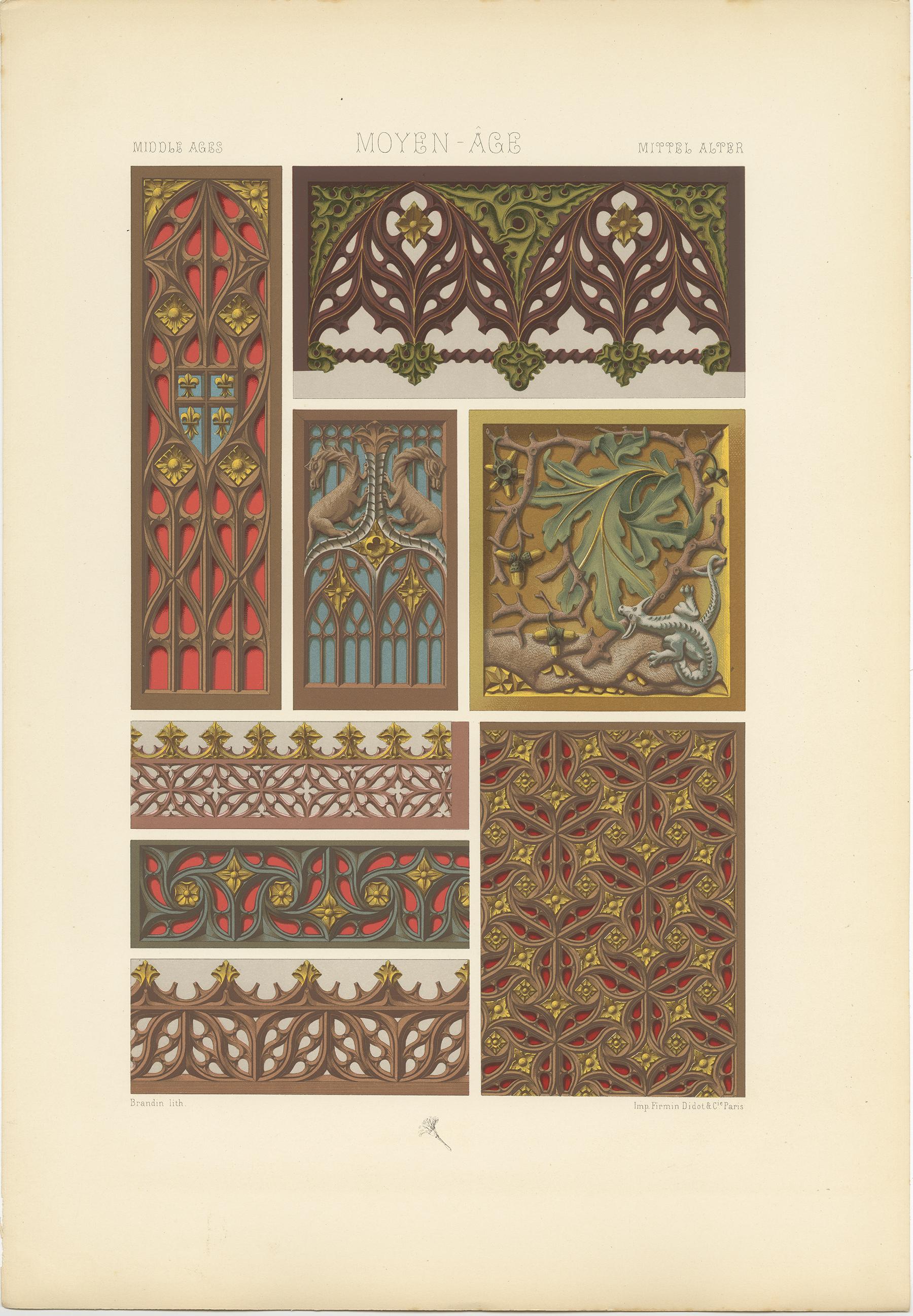 Antique print titled 'Middle Ages - Moyen Age - Mittel Alter'. Chromolithograph of painted and gilt woodwork 15th century ornaments.
This print originates from 'l'Ornement Polychrome' by Auguste Racinet. Published circa 1890.