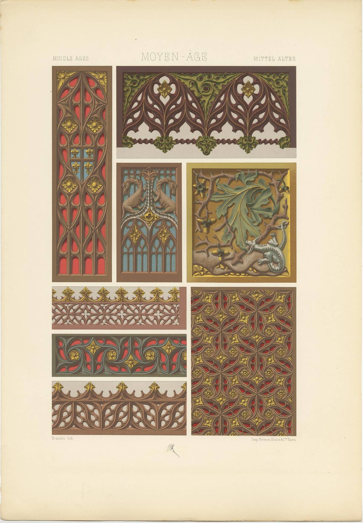Pl. 60 Antique Print of Middle Ages Painted and Gilt Woodwork by Racinet