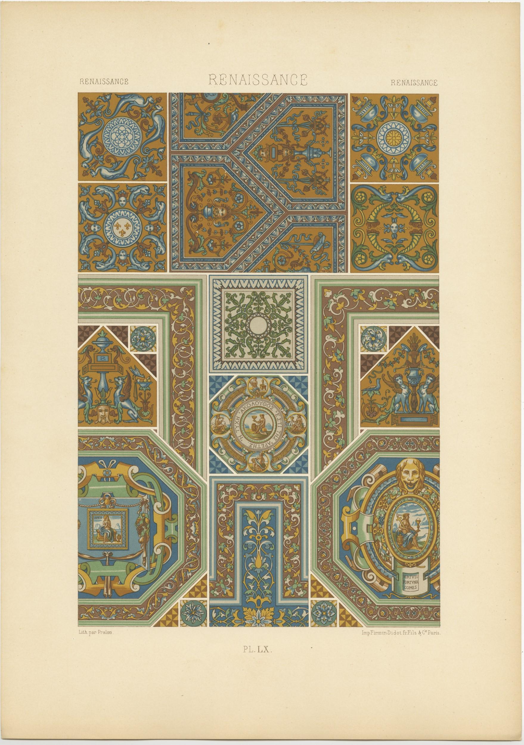 19th Century Pl. 60 Antique Print of Renaissance Ornaments by Racinet, circa 1890 For Sale