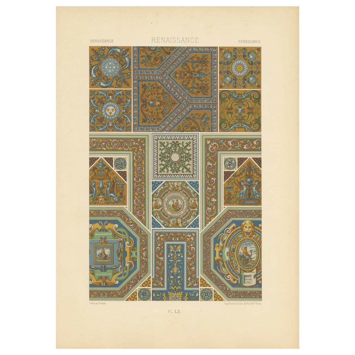 Pl. 60 Antique Print of Renaissance Ornaments by Racinet, circa 1890