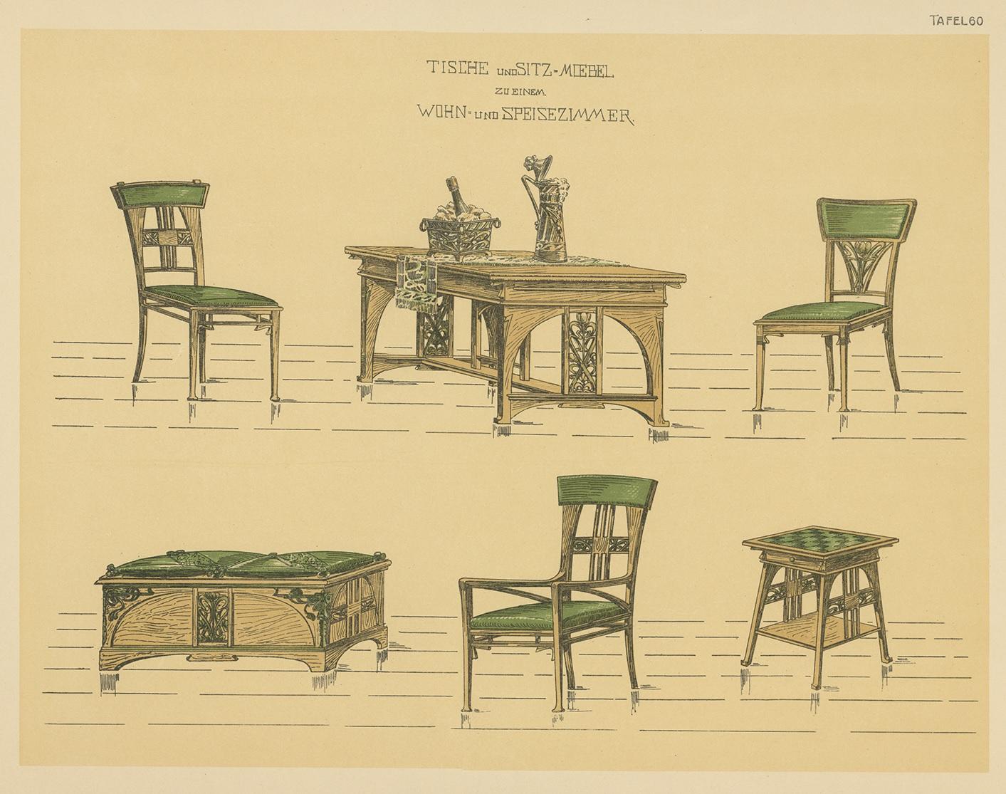 Antique print titled 'Tische u. Sitzmoebel zu einem Wohn- und Speisezimmer'. Lithograph of tables and chairs. This print originates from 'Det Moderna Hemmet' by Johannes Kramer. Published by Ferdinand Hey'l, circa 1910.