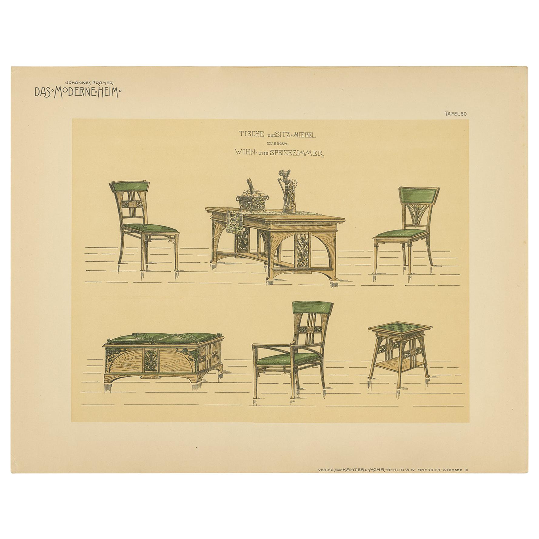 Pl 60 Antique Print of Tables and Chairs by Kramer, 'circa 1910'