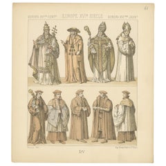 Impression ancienne de costumes européennes du XVIe siècle Pl. 61 par Racinet, vers 1880
