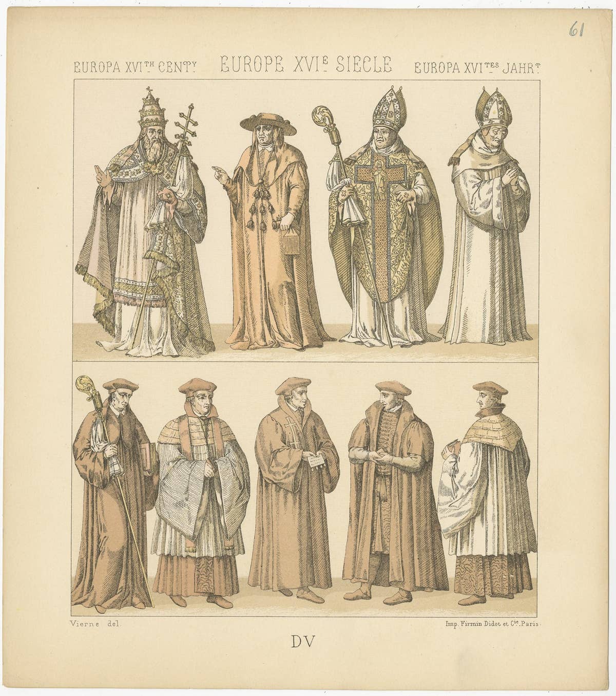 Pl. 61 Antique Print of European 16th Century Costumes by Racinet, circa 1880